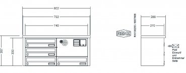 RENZ Briefkastenanlage Aufputz, Tetro, Kastenformat 370x110x270mm, mit Klingel - & Lichttaster und Vorbereitung Gegensprechanlage, 4-teilig